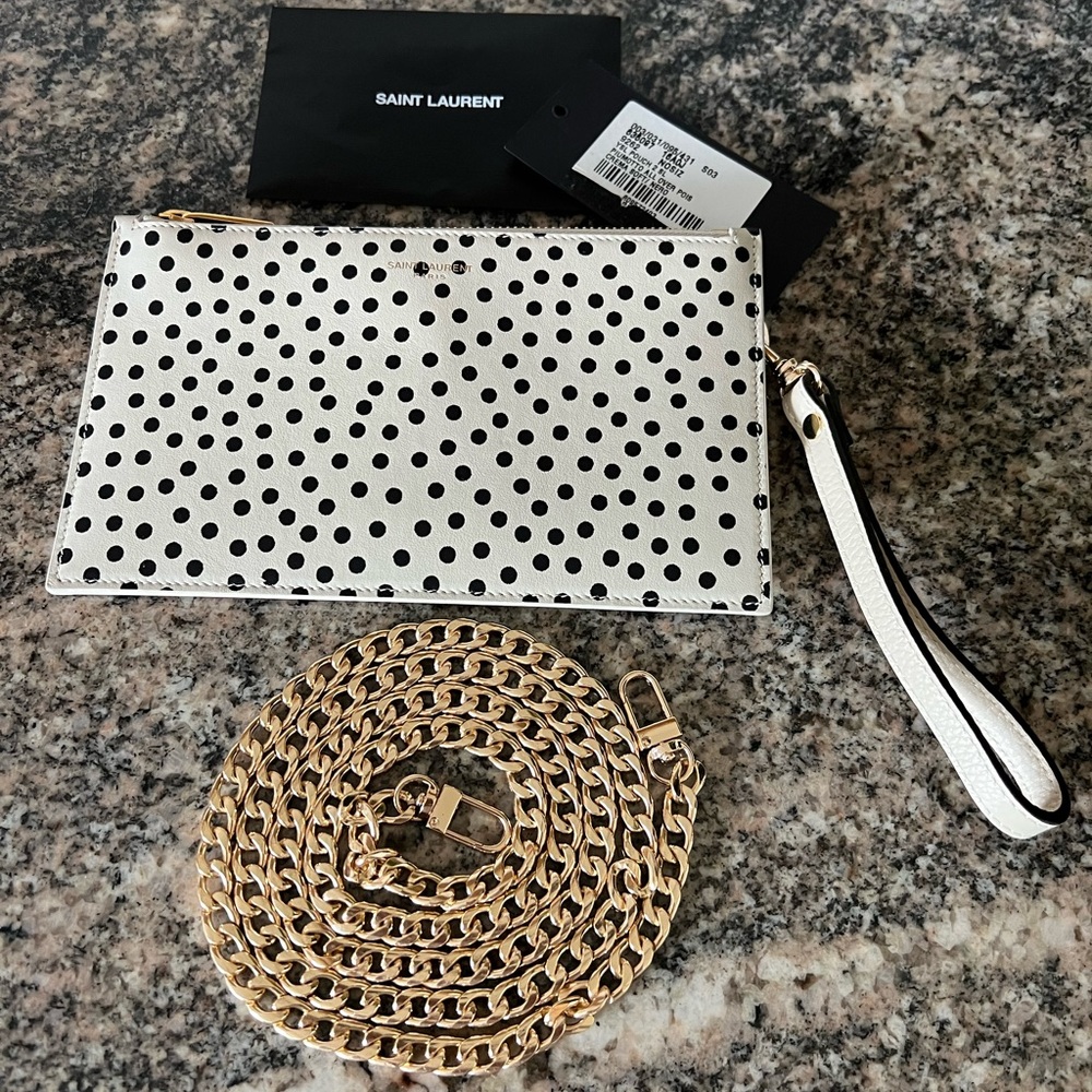 Authentic Yves Saint Laurent Black and White Polka Dot Clutch